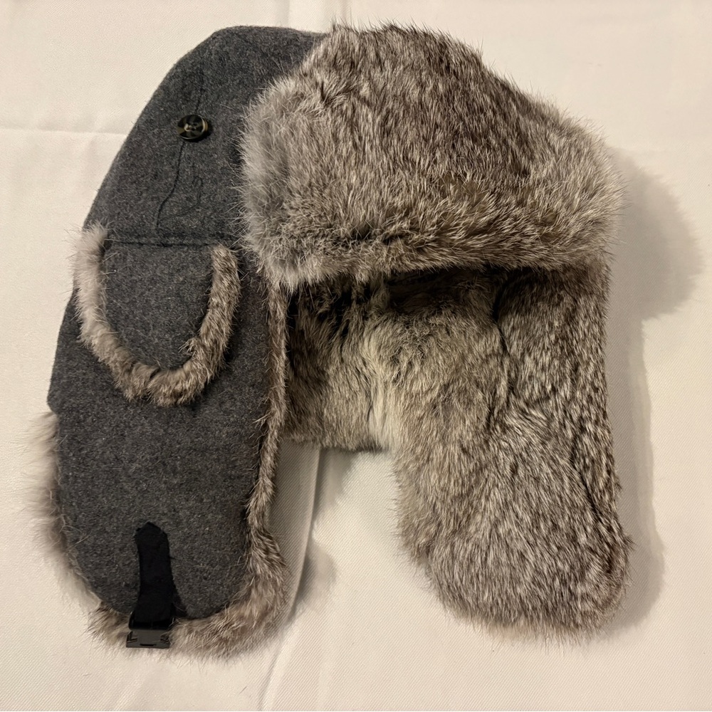 Gray and Brown Rabbit Fur Lined Trapper Hat